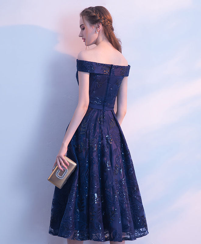 Dark Blue Lace Sequins Short Prom Dress, Evening Dress
