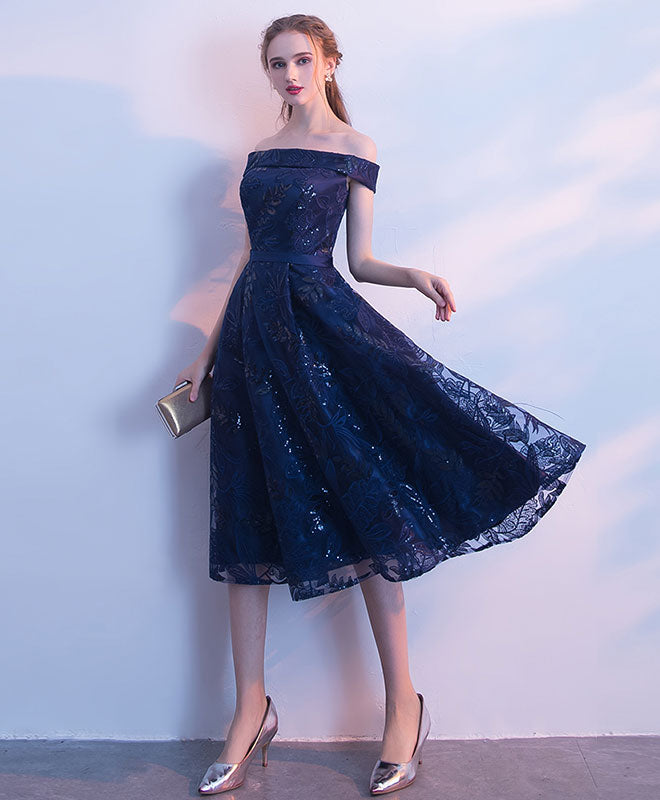 Dark Blue Lace Sequins Short Prom Dress, Evening Dress