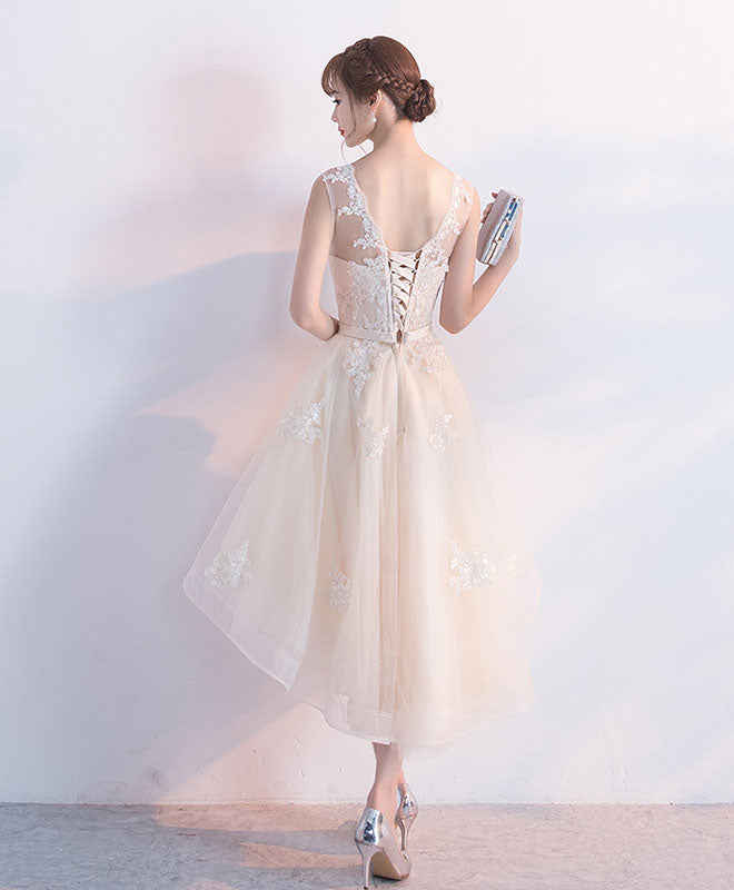 Champagne Tulle Lace Short Prom Dress, High Low Evening Dress