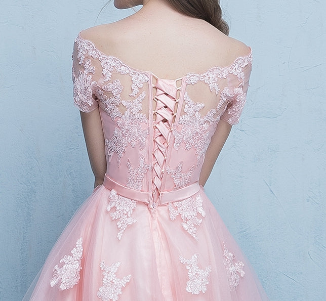 Cute Lace Tulle Short Prom Dress, Lace Evening Dress