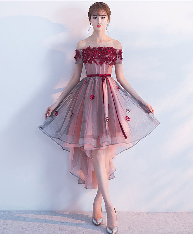 High Low Lace Tulle Off Shoulder Prom Dress, Homecoming Dress US 14 / Burgundy High Low Lace Tulle Off Shoulder Prom Dress, Homecoming Dress US 14 / Burgundy