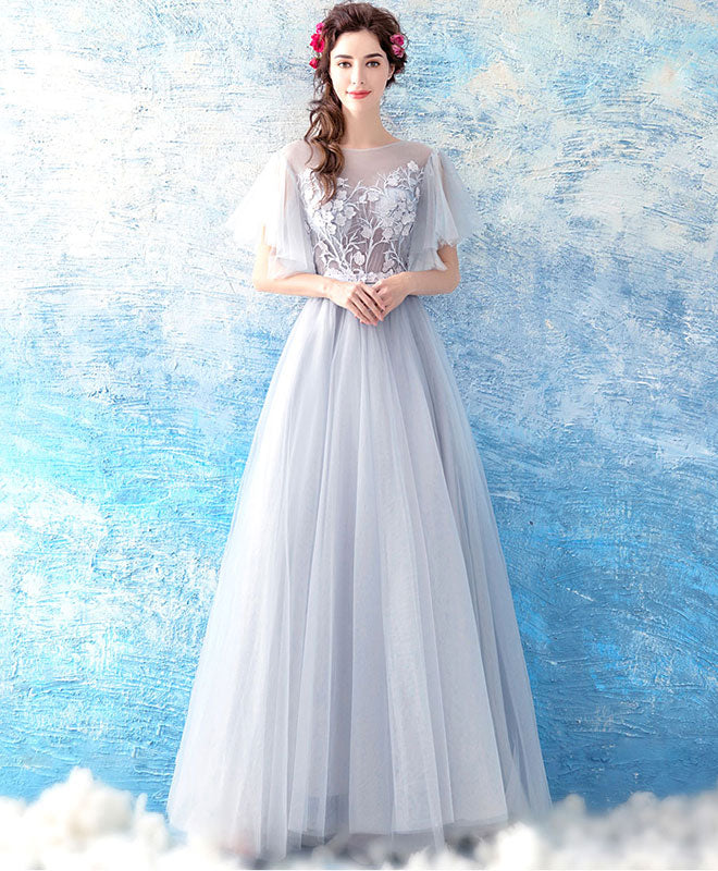 Gray Tulle Ace Long Prom Dress, Gray Evening Dress