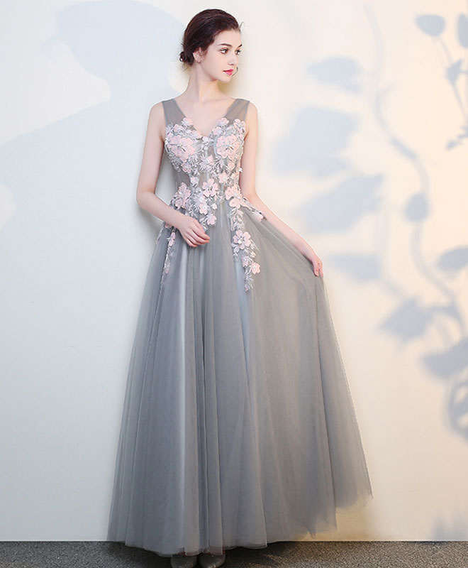 Gray V Neck Lace Long Prom Dress, Grey Evening Dress