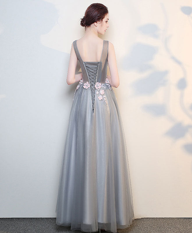 Gray V Neck Lace Long Prom Dress, Grey Evening Dress