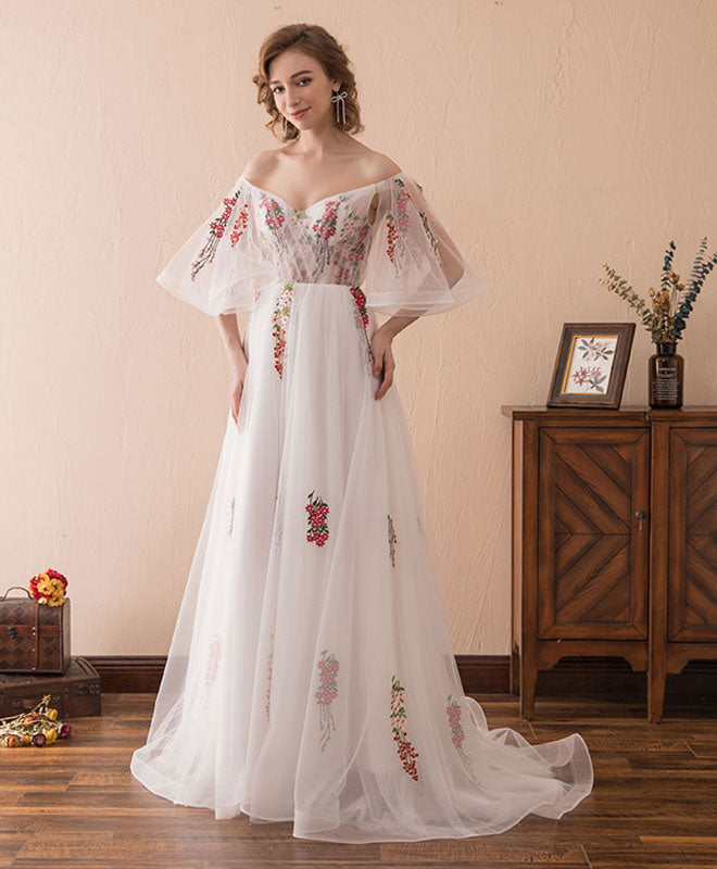 White V Neck Tulle Lace Long Prom Dress, White Evening Dress