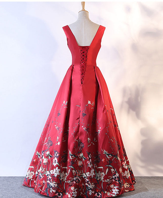 Red Floral Pattern Long Prom Dress, Red Evening Dress US 14 / Red Red Floral Pattern Long Prom Dress, Red Evening Dress US 14 / Red