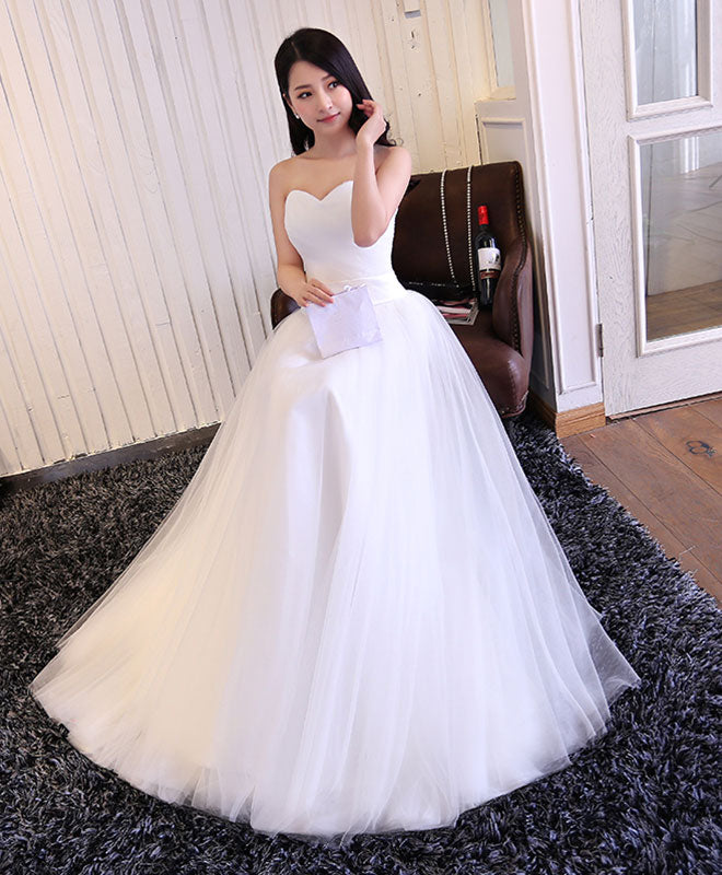 White Sweetheart Neck Tulle Long Prom Dress, Wedding Dress