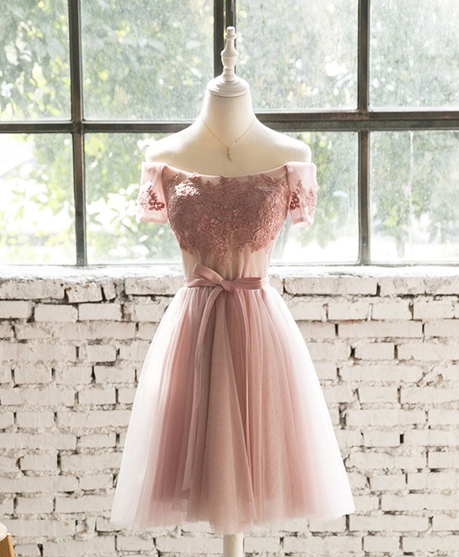 shopluu Unique Pink Tulle Lace Tea Length Prom Dress, Pink Tulle Formal Dresses US 4 / Pink