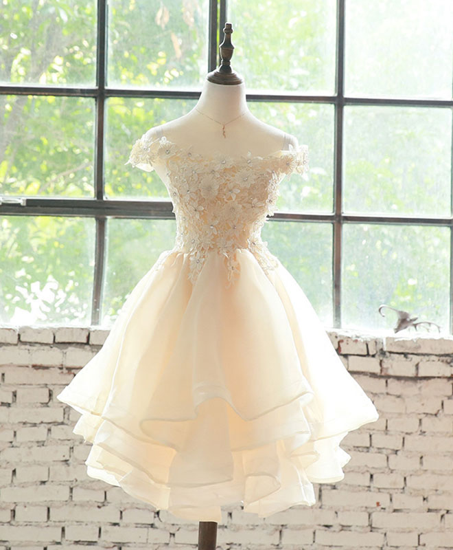 champagne lace short wedding dress Andrea And Leo -WL021 OFF Shoulder Laced Applique Short Bridal Dress 10 / OFF White