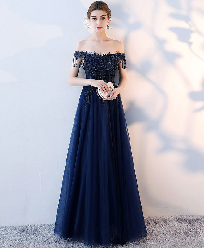 Dark Blue Tulle Beaded Long Prom Dress, Blue Evening Dress