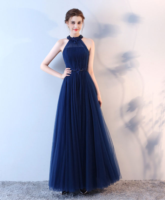 blue halter formal dress Tulle Long Prom Dress, Blue Evening – shopluu Size:CUSTOM MADE