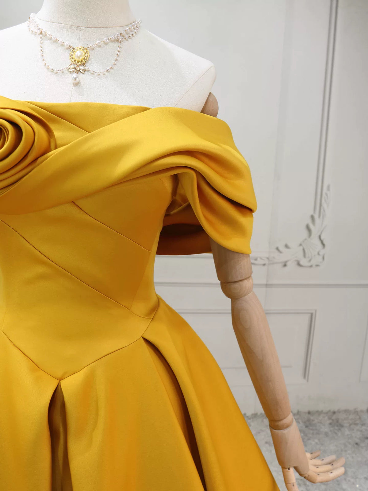 A-Line Off Shoulder Satin Yellow Long Prom Dress, Yellow Long Formal Dress