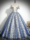 A-Line Tulle Sequin Lace Blue Long Prom Dress, Blue Long Evening Dress