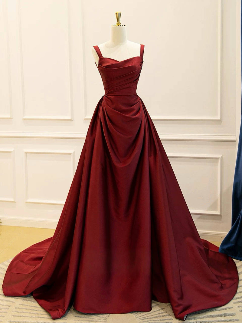 A-Line Satin Burgundy Long Prom Dress, Burgundy Long Evening Dress