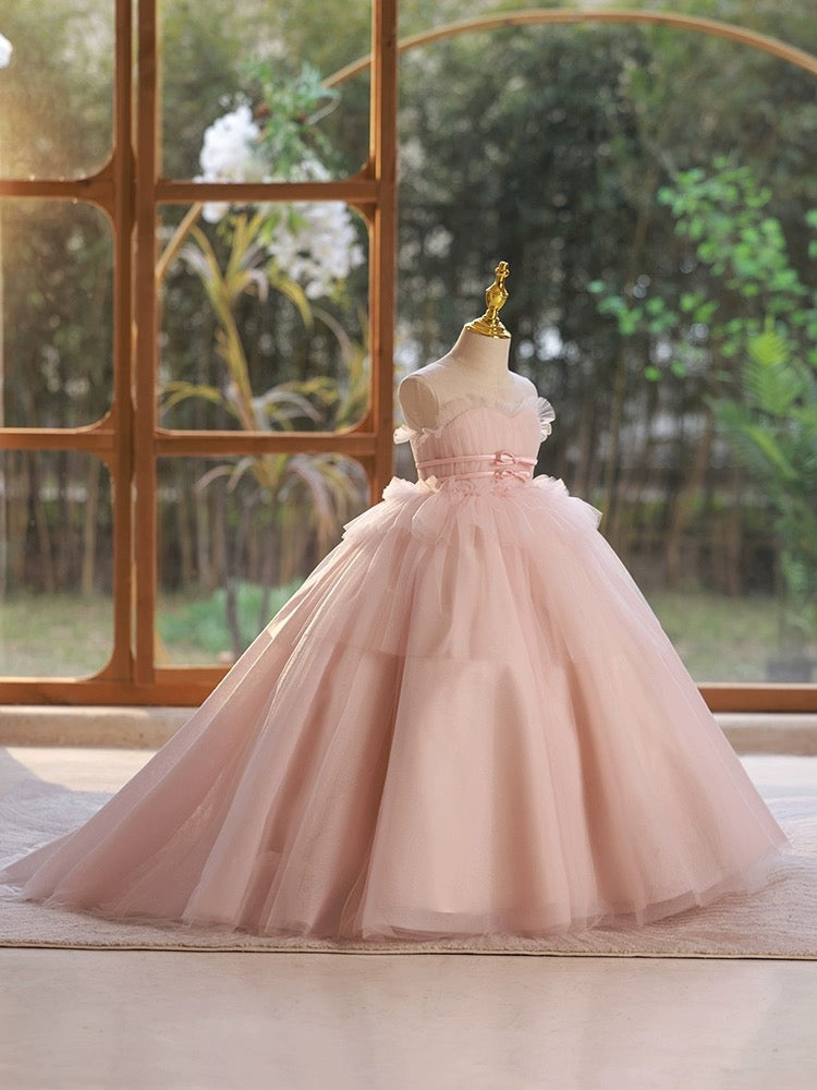 A-Line Pink Tulle Long Flower Girl Dress