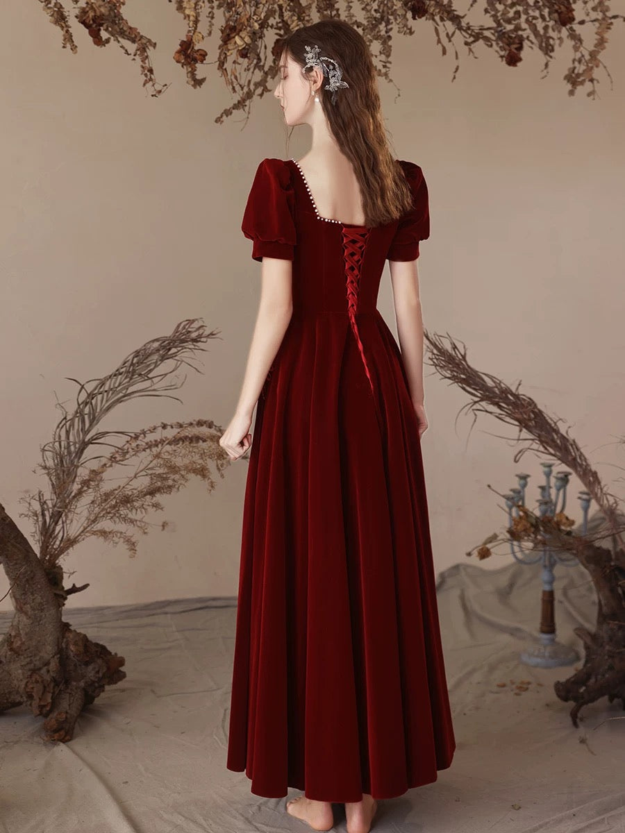 A-Line Velvet Burgundy Long Prom Dress, Burgundy Long Formal Dress