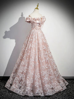 A-Line Off Shoulder Tulle Lace Pink Long Prom Dress, Pink Long Formal Dress