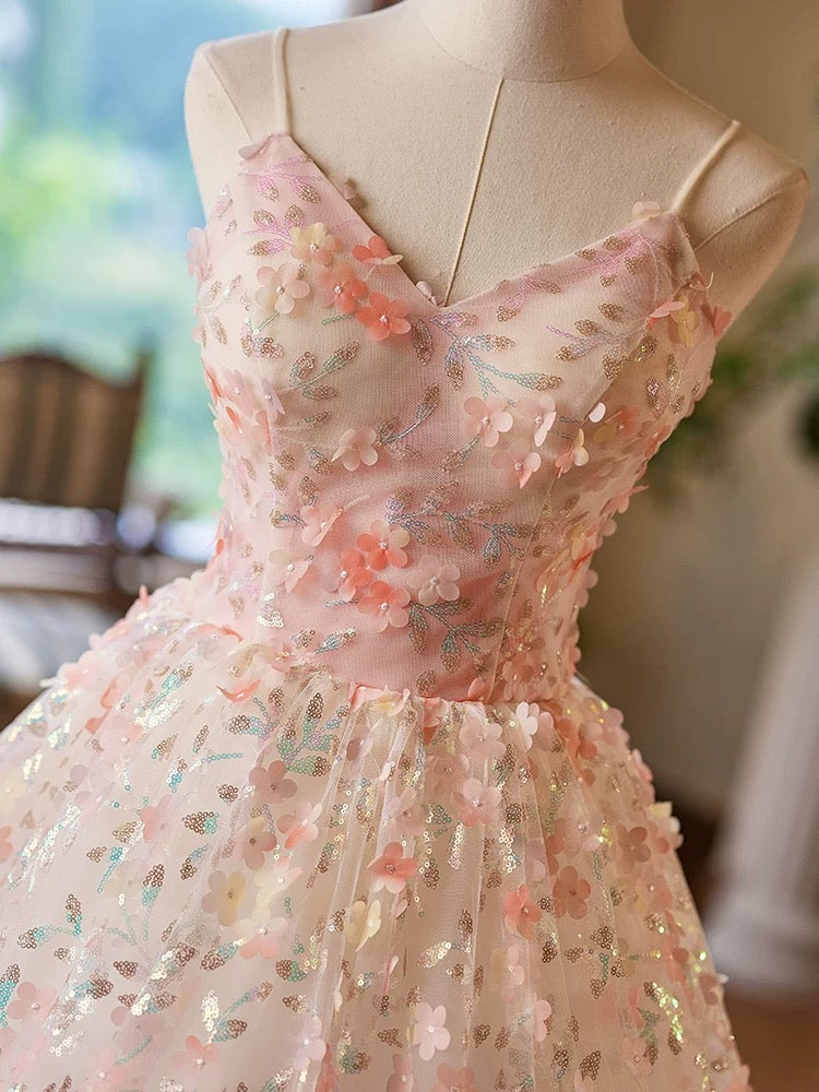 A-Line V Neck Flower Lace Tea Length Pink Prom Dress, Pink Formal Dress US 12 / Pink A-Line V Neck Flower Lace Tea Length Pink Prom Dress, Pink Formal Dress US 12 / Pink