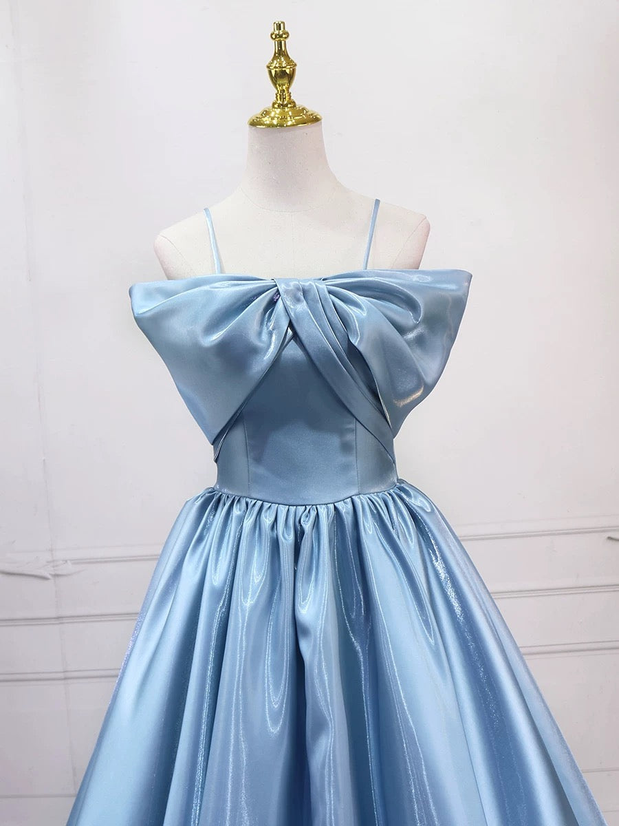 A-Line Satin Blue Long Prom Dress, Blue Long Formal Dress