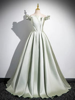 A-Line Off Shoulder Satin Light Green Long Prom Dress, Green Long Formal Dress