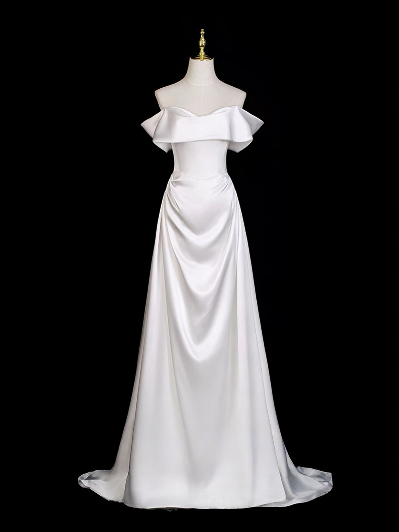 A-Line Off Shoulder Satin White Long Prom Dress, White Long Formal Dress