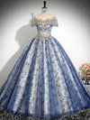 A-Line Tulle Sequin Lace Blue Long Prom Dress, Blue Long Evening Dress