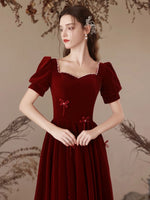 A-Line Velvet Burgundy Long Prom Dress, Burgundy Long Formal Dress