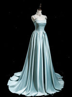 A-Line Blue Satin Long Prom Dress, Blue Long Formal Dressa