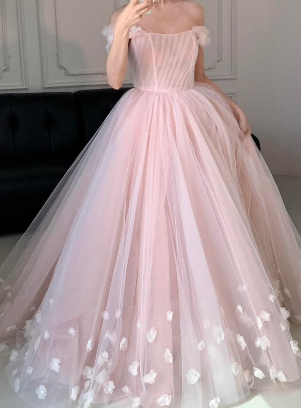 A-Line Off Shoulder Tulle Flower Pink Long Prom Dress, Pink Long Evening Dress