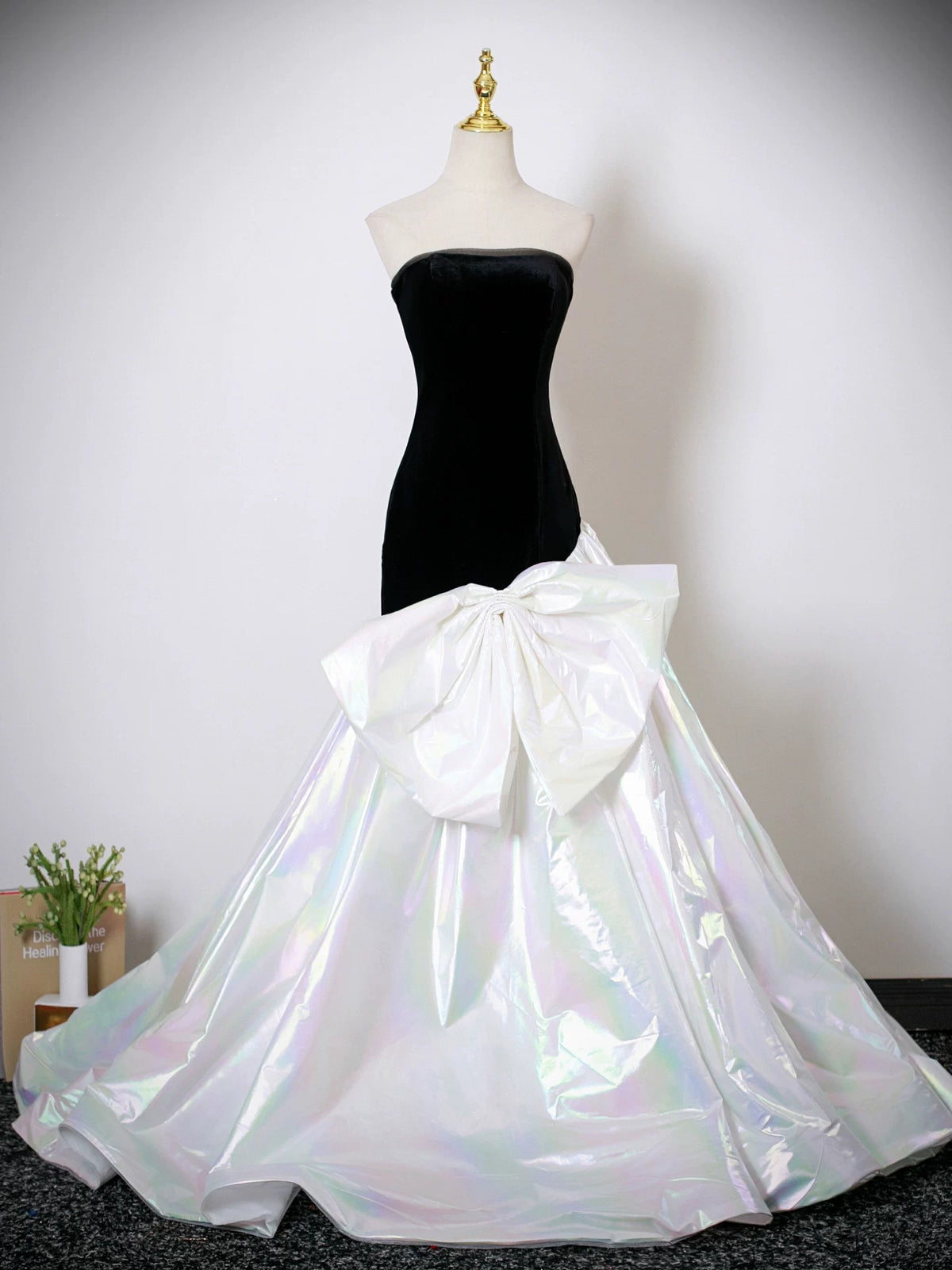 Mermaid White/Black Velvet Long Prom Dress, White/Black Long Evening Dress