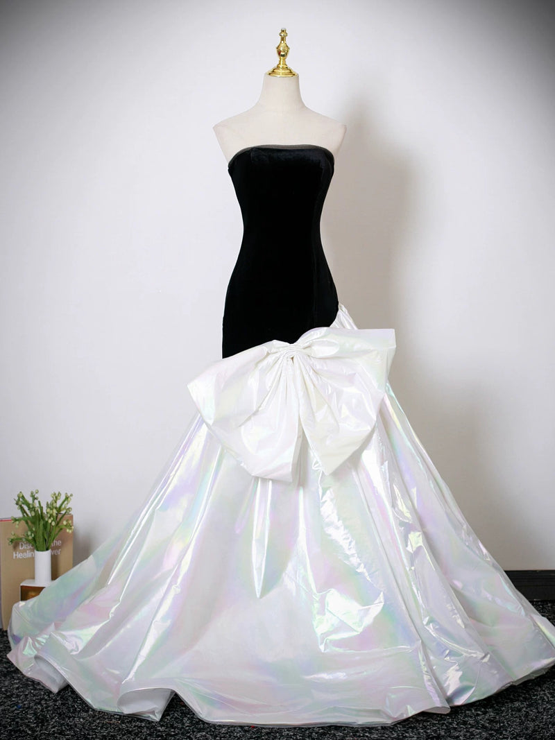 Mermaid White/Black Velvet Long Prom Dress, White/Black Long Evening Dress