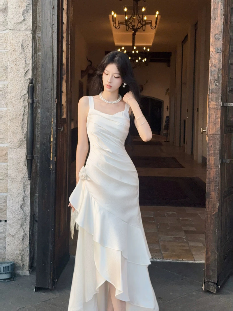 White Mermaid Satin Tea Length Prom Dress, White Long Party Dress