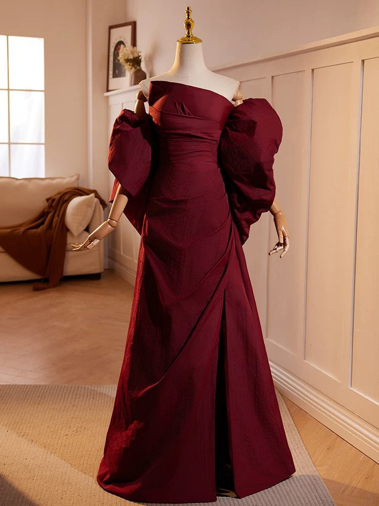 A-Line Off-the-shoulder Taffeta Burgundy Long Prom Dress with Puff Sleeves