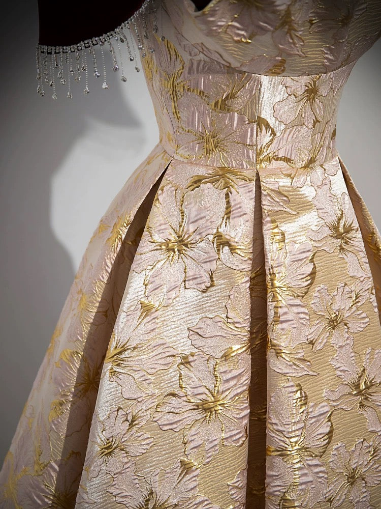 A-Line Off Shoulder Satin Champagne Long Prom Dress, Champagne Long Formal Dress