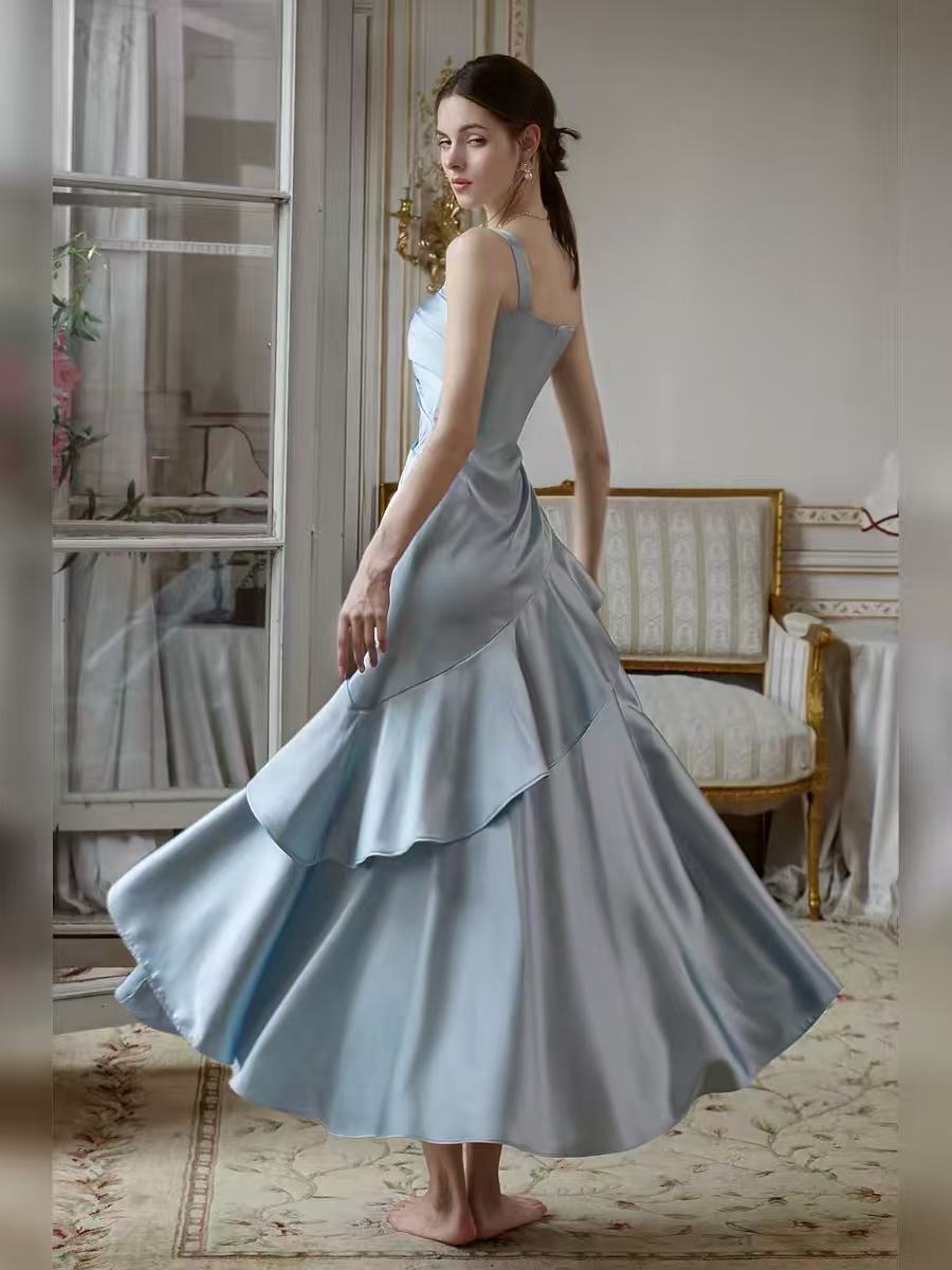 Elegant A-line Satin Tea Length Blue Prom Dress, Blue Formal Dress