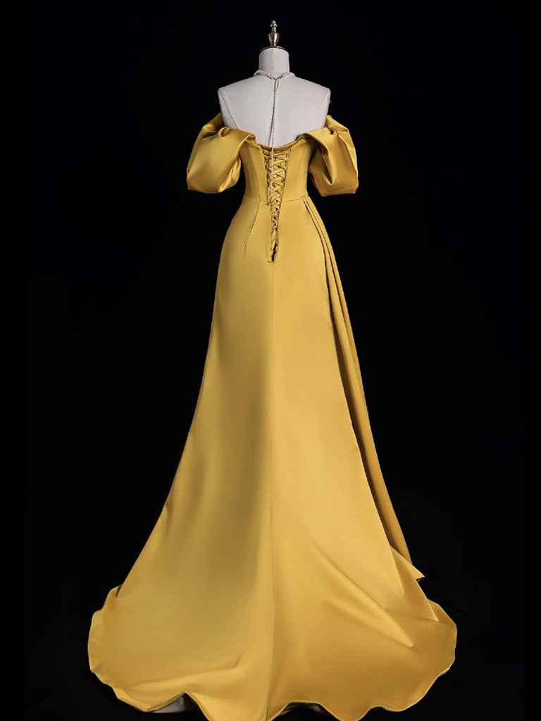 A-Line Off Shoulder Satin Gold Long Prom Dress, Gold Long Evening Dress