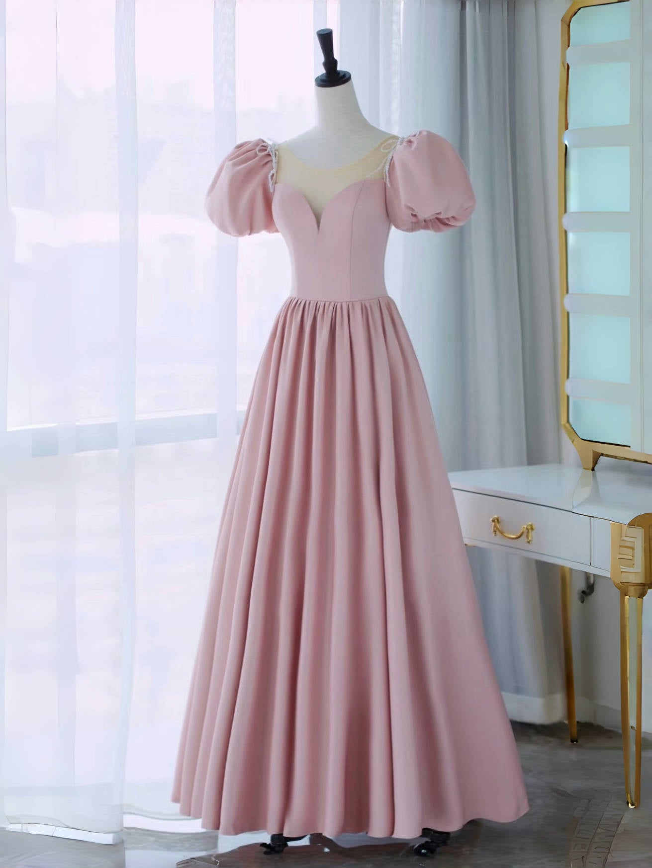 Pink Satin Long A-Line Prom Dress, Cute Short Sleeve Evening Dress US 8 / Pink Pink Satin Long A-Line Prom Dress, Cute Short Sleeve Evening Dress US 8 / Pink