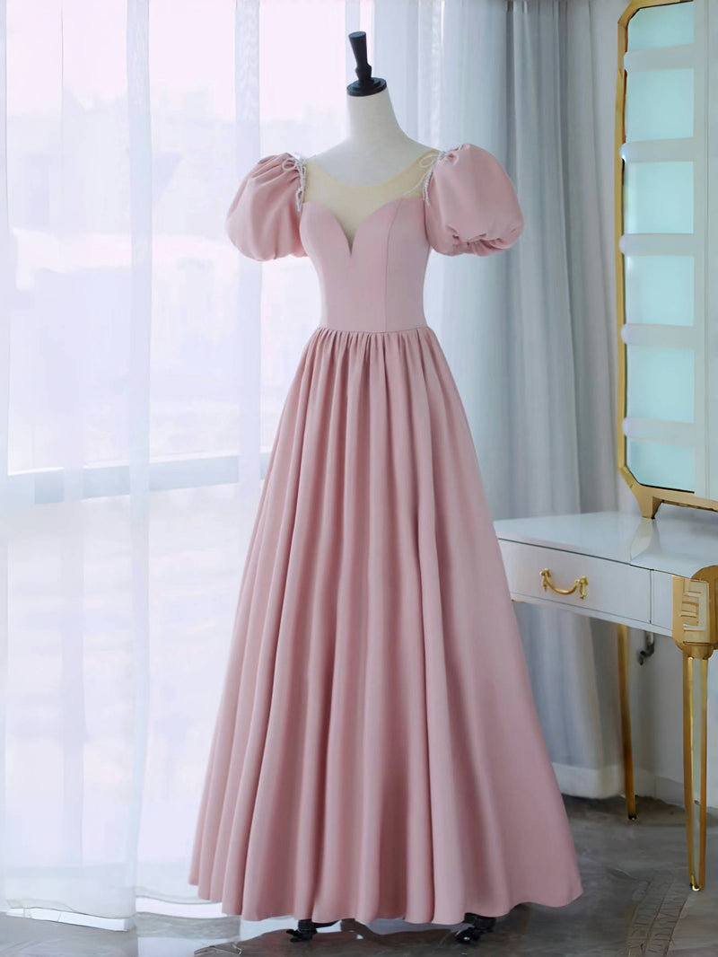 A-Line Puff Sleeves Satin Pink Long Prom Dress, Pink Long Formal Dress
