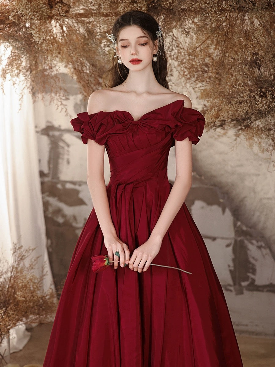 maroon dress off the shoulder A-Line Satin Burgundy Long Prom Dress, Burgundy Long Form – shopluu Size:XX Large ASOS LUXE gem embellished Ideal For Snakeskin-patterned