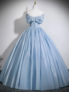 A-Line V Neck Satin Blue Long Prom Dress, Blue Long Formal Dress