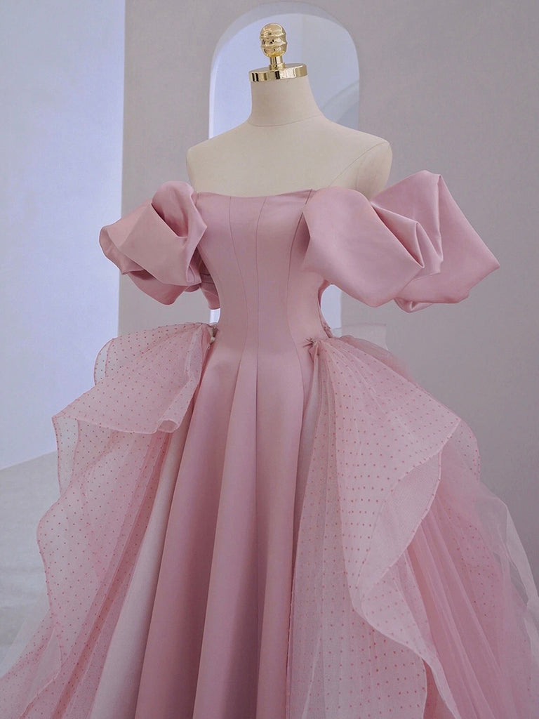 A-Line Satin Tulle Pink Long Prom Dress. Pink Long Evening Dress