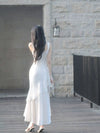 White Mermaid Satin Tea Length Prom Dress, White Long Party Dress