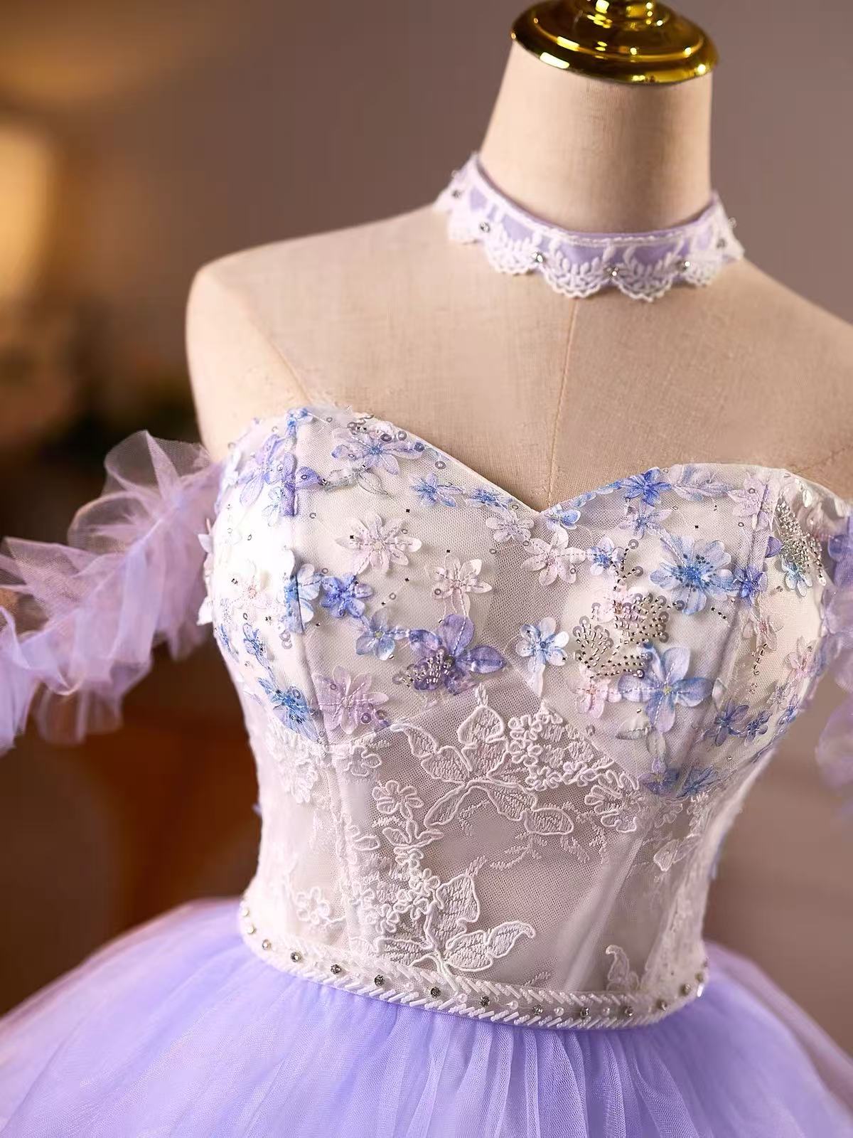 Purple Off Shoulder Tulle Lace Short Prom Dress, Purple Homecoming Dress