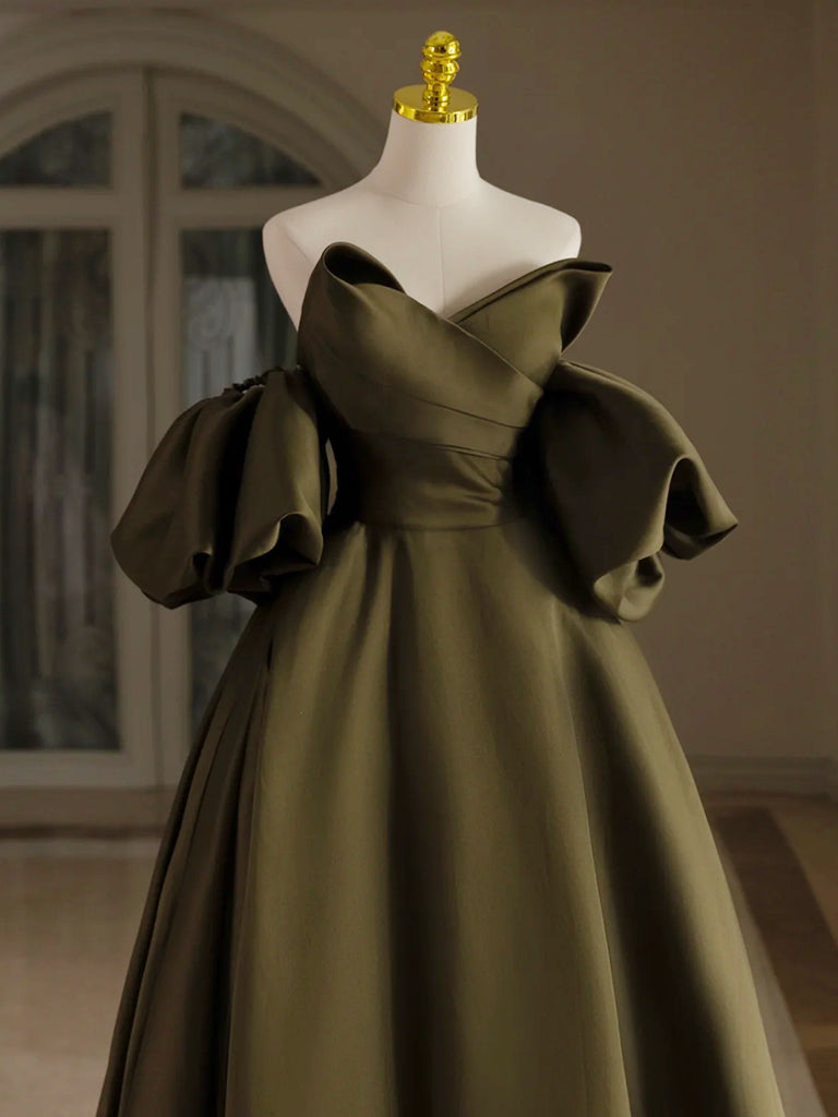 A-Line Puff Sleeves Olive Green Satin Long Prom Dress, Olive Green Long Formal Dress