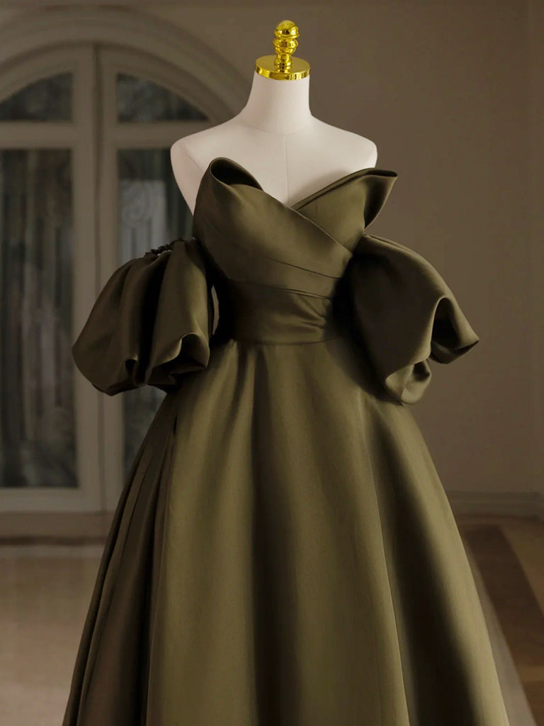 A-Line Puff Sleeves Olive Green Satin Long Prom Dress, Olive Green Lon – shopluu