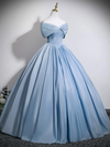 A-Line V Neck Satin Blue Long Prom Dress, Blue Long Formal Dress