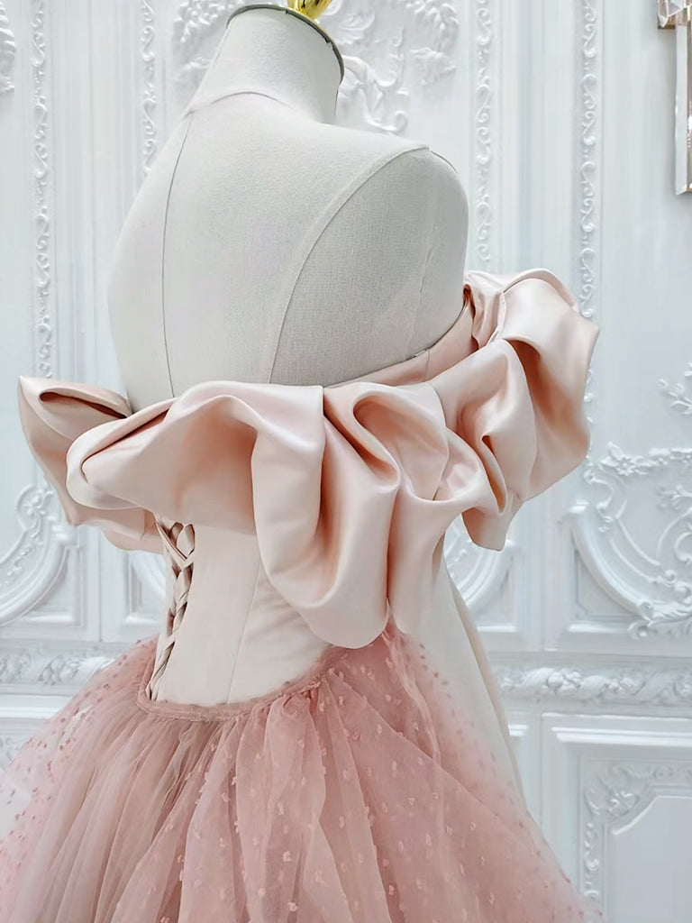 A-Line Off Shoulder Statin Tulle Pink Long Prom Dress, Pink Long Formal Dress