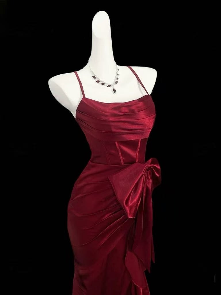 Mermaid Spoon Neck Satin Burgundy Long Prom Dress with Bow