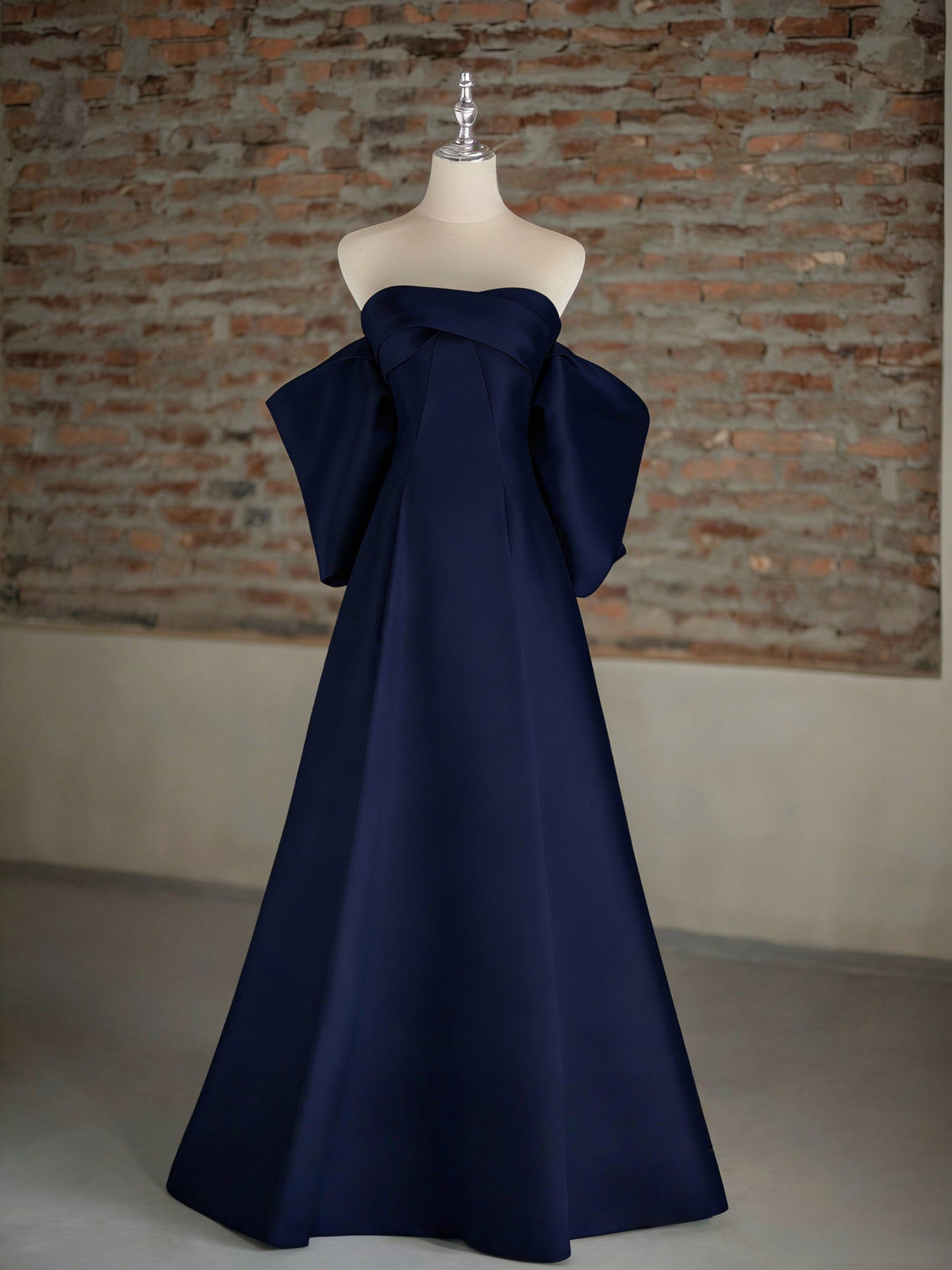 A-Line Sweetheart Sweep Train Satin Blue Prom Dress with Bowtie