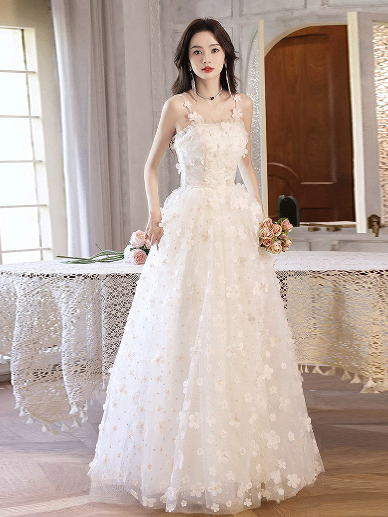 White A-Line Tulle Flower Long Prom Dress, White Formal Evening Dress US 10 / White